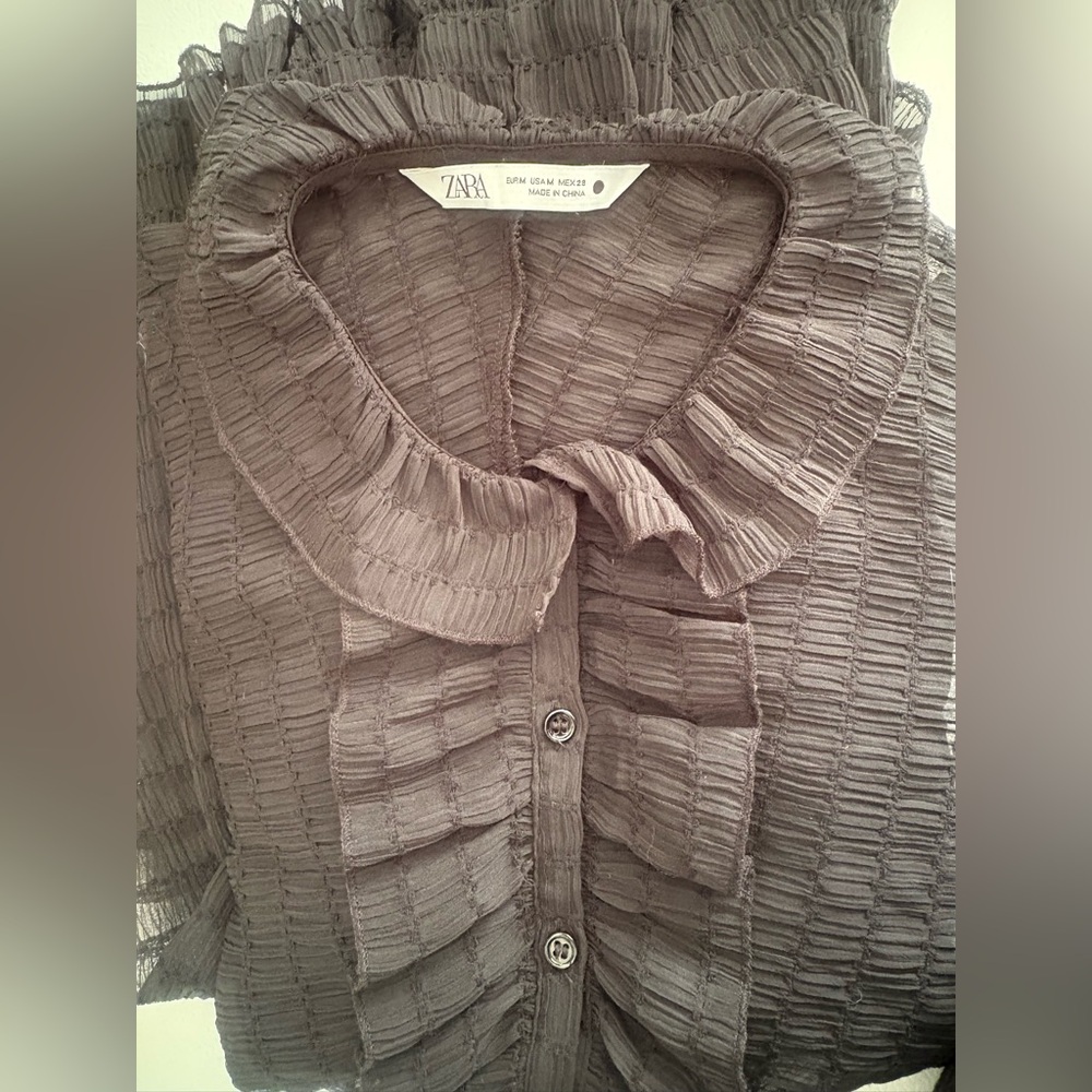 Zara Ruffled Textured Weave Long Sleeve Button Down Blouse Black Medium - Picture 4 of 15